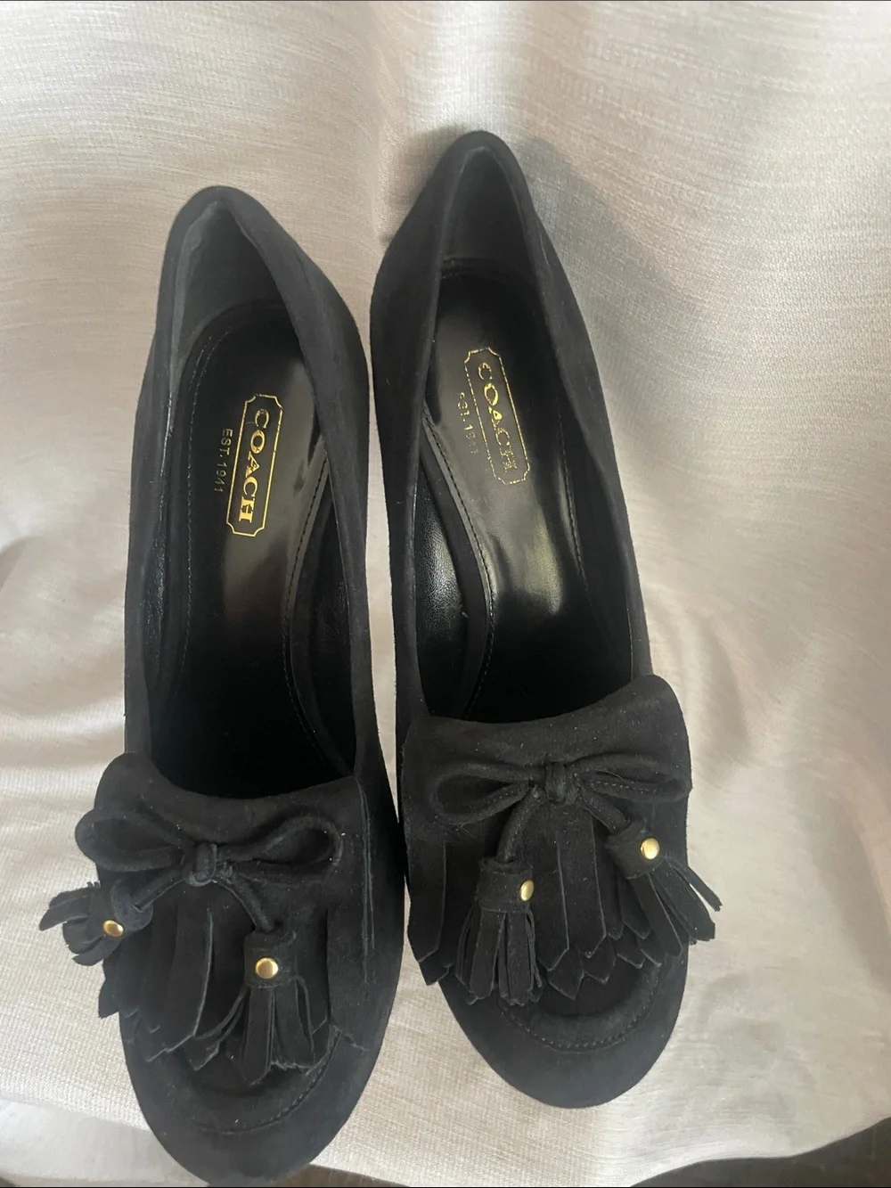 Coach Black Suede Wedge Loafers with Tassel Detail